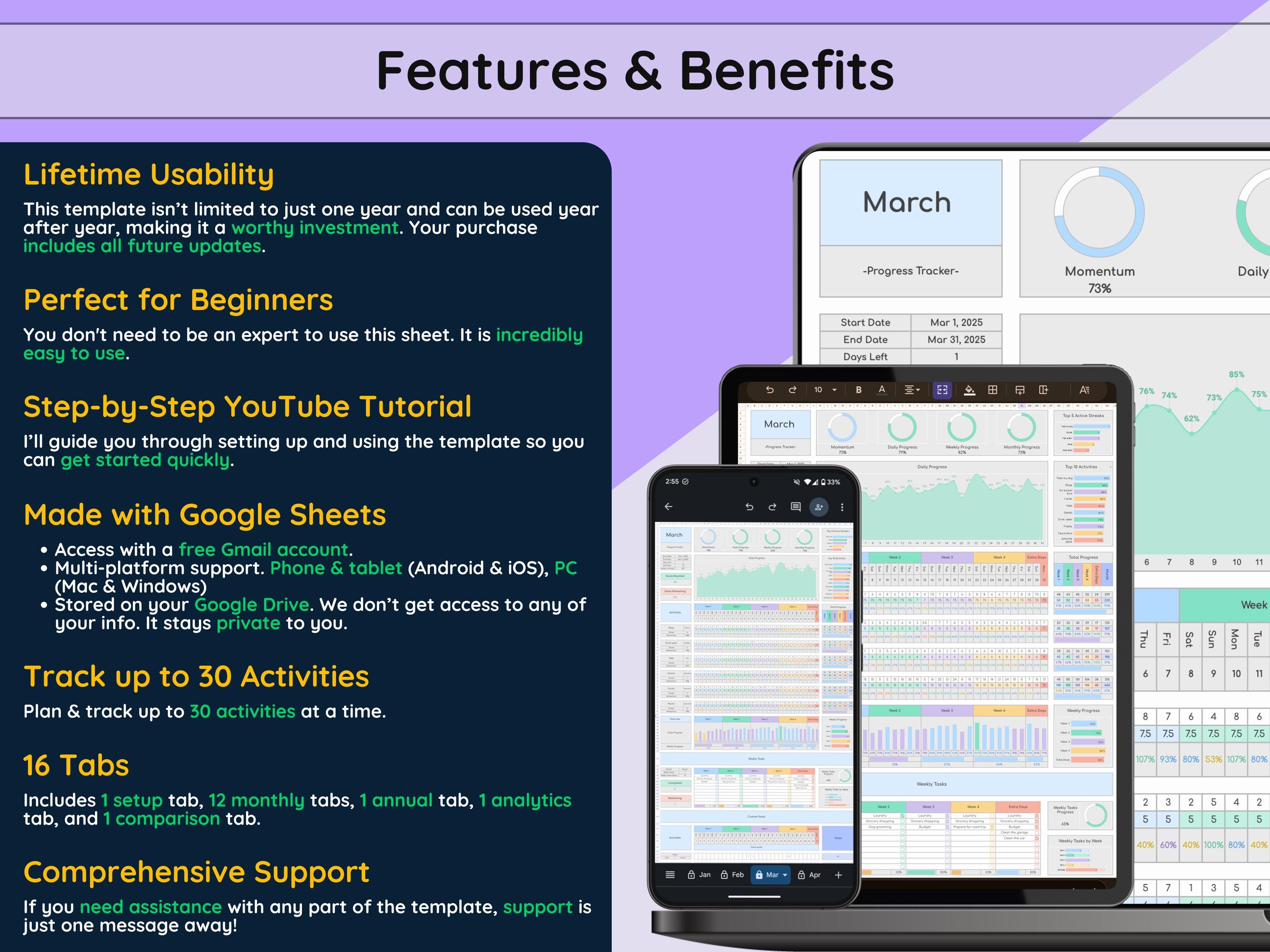 Ultimate Progress Tracker Spreadsheet, Light Mode, Google Sheets ...