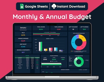 Google Sheets Monthly and Annual Budget, Annual Budget Spreadsheet, Annual Budget Planner, Transaction Tracker, Dark Mode Budget Spreadsheet