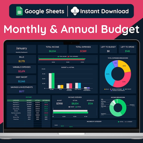 Presupuesto mensual y anual de Google Sheets, hoja de cálculo de presupuesto anual, planificador de presupuesto anual, seguimiento de transacciones, hoja de cálculo de presupuesto en modo oscuro