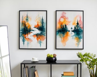 Watercolor Forest and Stream 2-PACK | 3:4 Format | Teal, Orange and Black - Printable Digital Download
