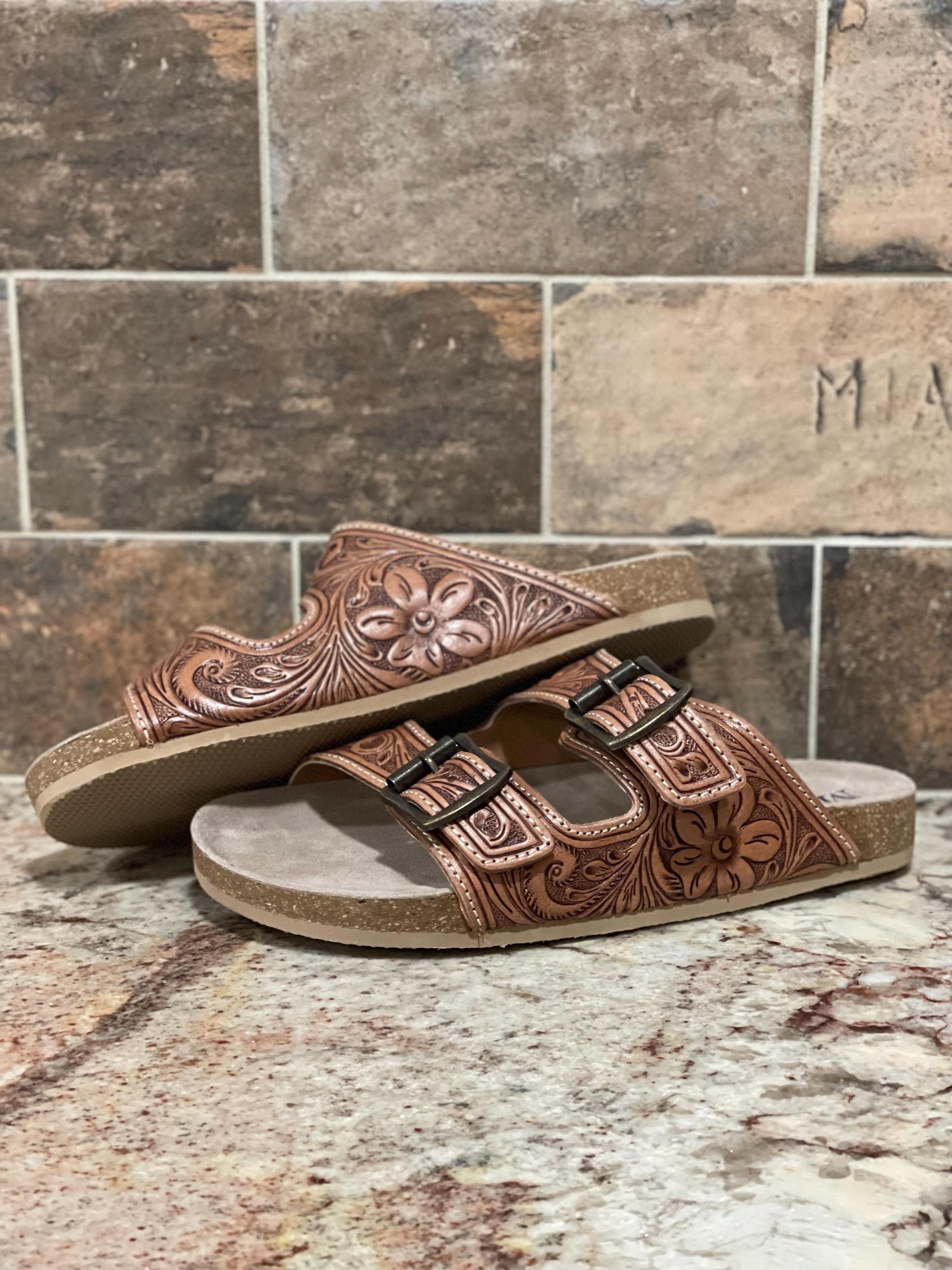 Tooled Leather Sandals, Brown Leather Sandals, Gift for Her, Western ...
