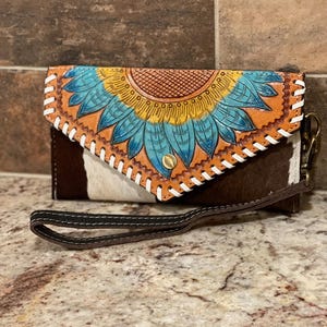 Cowhide Wallet, Cowhide Clutch, Tooled Leather Wallet, Tooled Leather Clutch, Gift for Her, Floral Wallet, Sunflower Wallet, Western Wallet