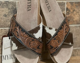 Cowhide Sandals, Western Sandals, Tooled Leather Sandals, Gift for Her, Gift for Him, Crisscross Sandals, Cowhide Slippers, Comfy Shoes