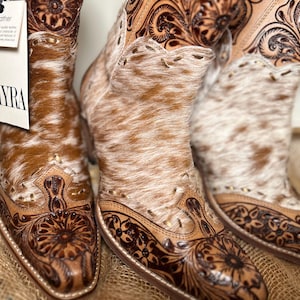 Cowhide Ankle Cowgirl Boots, Genuine Tooled Leather Western Boots, Handmade Women’s Cowboy Booties, Rustic Rodeo Style, Myra Boots, Western