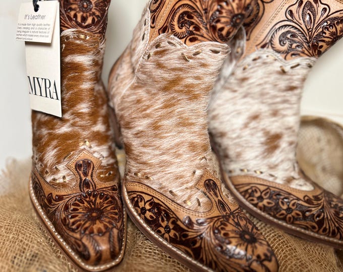 Cowhide Ankle Cowgirl Boots, Genuine Tooled Leather Western Boots, Handmade Women’s Cowboy Booties, Rustic Rodeo Style, Myra Boots, Western