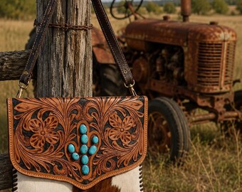 May include: A shoulder bag featuring a brown leather flap with intricate floral tooling, a central cactus design inlaid with bright turquoise stones, and a white and brown cowhide body with whipstitched edges and a dark brown leather strap.