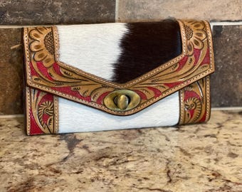 Cowhide Wallet, Women’s Wallet, Tooled Leather Wallet, Gift for Her, Cowgirl Wallet, Genuine Leather Wallet, Western Wallet, Rodeo Wallet
