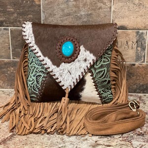 Tooled Leather Cowhide Crossbody, Tooled Leather Purse, Cowhide Crossbody, Western Purse, Rustic Rodeo Crossbody, Cowhide & Turquoise, Rodeo