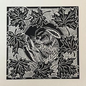 May include: A monochrome linocut print depicting a curled rabbit nestled amongst maple leaves. The rabbit's fur is textured, and the leaves display detailed veining. The design is framed by a grid, offering a contrast between natural and structured elements. The print is in black and white.