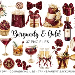 Vinröd guld Clipart-paket, vinröd blommig bröllopsclipart, vinfest PNG, elegant festdekor, tårtchampagneballonger kommersiellt bruk
