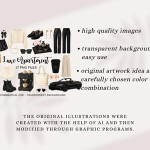 May include: A collection of digital illustrations featuring fashion items and accessories, including clothing, shoes, and a car. The text "Luxe Apartment" is displayed, along with details about the files, such as "37 PNG FILES" and "300 DPI COMMERCIAL USE - TRANSPARENT BACKGROUND."