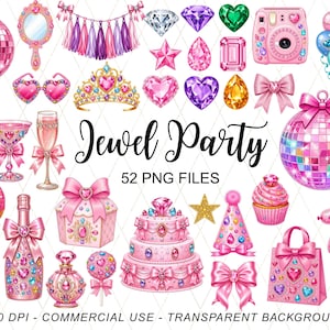 Może przedstawiać: Cyfrowa kolekcja 52 plików PNG zatytułowana Jewel Party, zawierająca różowe i fioletowe ilustracje kul dyskotekowych, klejnotów, tiary, tortu, prezentu, kieliszka do szampana, psa z balonów, aparatu fotograficznego oraz dekoracji imprezowych.