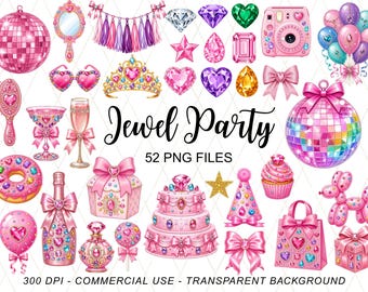 May include: A digital collection of 52 PNG files titled Jewel Party, featuring pink and purple illustrations of disco balls, gemstones, a tiara, a cake, a gift box, a champagne glass, a balloon dog, a camera, and party decorations on a white background.