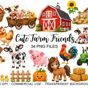 May include: A collection of farm-themed digital illustrations featuring a red barn, a wooden wagon with animals, a basket of apples, a tractor, a chicken coop, a pumpkin, hay bales, carrots, a fence, and various animals including a cow, pig, sheep, horse, and rooster.