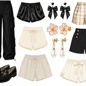 May include: An assortment of women's clothing and accessories, including black cargo pants, black satin shorts, and various pairs of shorts in cream and plaid patterns. Also shown are black bow earrings, floral earrings, pearl drop earrings, and black leather loafers.