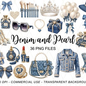 Denim & Pearl Clipart Bundle | Coquette Denim PNG | Blue Jean Fashion Clipart | Cowgirl Chic Bridal Shower | Commercial Use