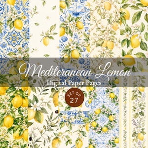May include: A collection of digital paper pages featuring Mediterranean lemon patterns, including yellow lemons, green leaves, white blossoms, and blue and white tile motifs. The text Mediterranean Lemon Digital Paper Pages Set of 27 is visible.