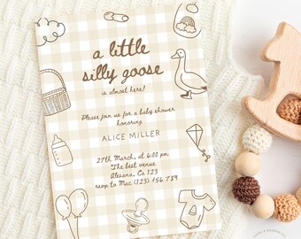 Een gekke gans staat bijna op de losse babyshower ginganguitnodiging