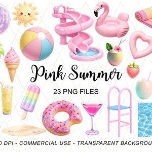 May include: A collection of pink summer-themed illustrations, including a flamingo float, a beach ball, a donut float, a popsicle, and a cocktail. The text "Pink Summer" is displayed in a cursive font, with "23 PNG FILES" below it.