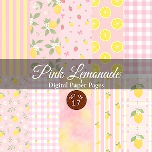 Puede incluir: Un conjunto de 17 páginas de papel digital con diseños en rosa y amarillo. Los diseños incluyen limones, fresas, rayas, cuadros y motivos florales. El texto "Pink Lemonade" y "Digital Paper Pages" se muestra.