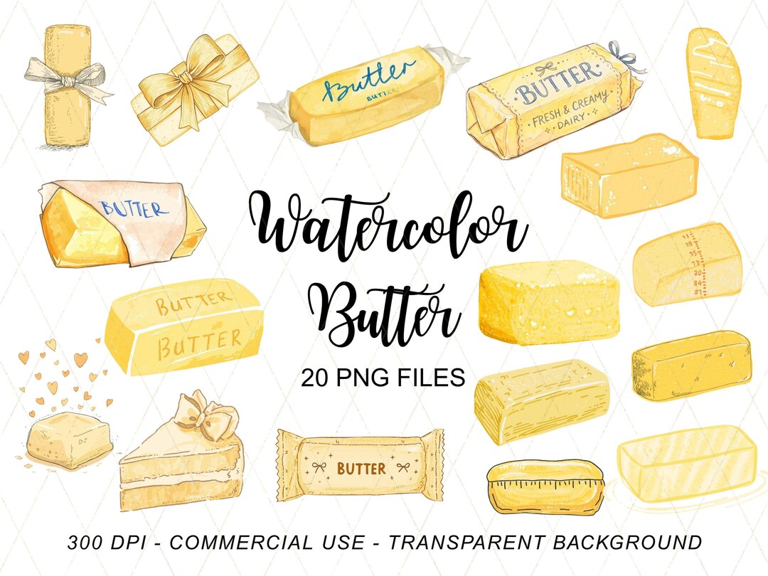 Watercolor Butter Clipart Bundle, Vintage Dairy Food PNG, Hand Painted ...