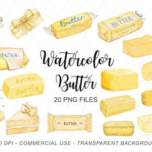 Watercolor Butter Clipart Bundle, Vintage Dairy Food PNG, Hand Painted Butter Illustrations, Kitchen Clip Art Baking Graphics Commercial Use