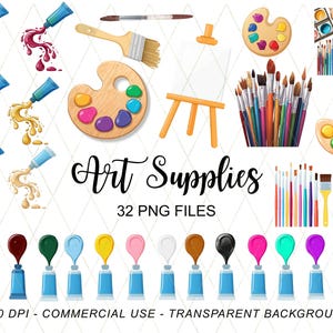 Puede incluir: Una ilustración de materiales de arte, que incluye tubos de pintura, pinceles, paletas y un pequeño caballete de madera. La imagen presenta una variedad de colores y estilos, con el texto "Art Supplies" y "32 PNG FILES".