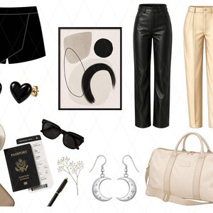 May include: A collection of fashion and travel accessories, including black shorts, heart-shaped earrings, a framed abstract art print, black leather pants, and beige pants. Also included are sunglasses, a passport, a travel ticket, a pen, earrings, a cup of coffee, a wallet, and a beige duffel bag.