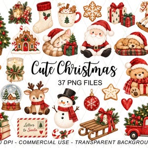 以下が含まれることがあります： クリスマスをテーマにしたデジタルイラストのコレクション。装飾されたツリー、サンタクロース、雪だるま、トナカイ、テディベア、ジンジャーブレッドマン、赤いトラック、ギフト、そして「Cute Christmas 37 PNG FILES」というテキストが含まれています。
