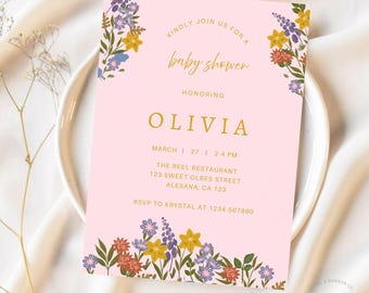 Roze sjabloon babyshower, vintage elegante chinoiserie blush bloemen babyuitnodiging, Victoriaanse Franse toile bewerkbare uitnodiging