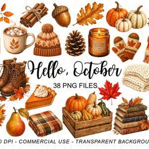 Bundle de cliparts aquarelle Bonjour octobre, automne confortable PNG, Clipart automne, citrouille, feuilles, couverture, utilisation commerciale de récolte de Thanksgiving