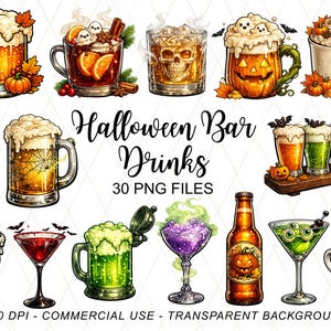 Könnte beinhalten: Eine Sammlung von Halloween-Getränkeillustrationen mit Bierkrügen, Cocktailgläsern und Flaschen, verziert mit Kürbissen, Geistern, Totenköpfen und Fledermäusen. Der Text lautet Halloween Bar Drinks 30 PNG FILES 300 DPI COMMERCIAL USE.