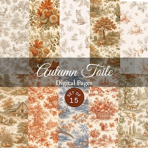 May include: A collection of 15 digital pages featuring autumn toile patterns in shades of orange, brown, and cream. The designs include illustrations of pumpkins, foxes, deer, squirrels, farmhouses, and foliage. The text reads Autumn Toile Digital Pages.