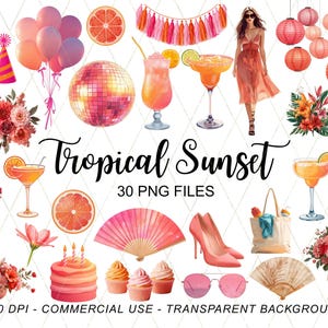 Tropical Sunset Clipart Bundle, Summer Party PNG, Cocktail Drink Clipart, Pink Orange Beach Party Graphics, Sunset Aesthetic, Commercial Use