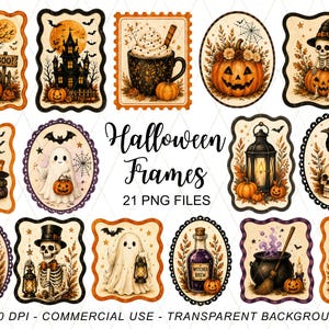 Puede incluir: Una colección de ilustraciones digitales con temática de Halloween que incluyen calabazas, fantasmas, esqueletos, linternas y calderos. El texto dice Halloween Frames 21 PNG FILES 300 DPI - COMMERCIAL USE - TRANSPARENT BACKGROUND.
