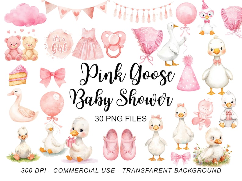 Pink Silly Goose Baby Shower Clipart PNG, Watercolor Girl Baby Sprinkle ...