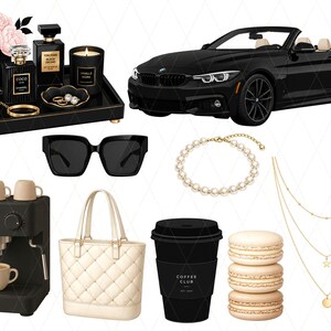 Luxe Apartment Clipart PNG, Quiet Luxury Aesthetic Graphics, Fashion Girl Planner Stickers, Clean Girl Wardrobe, Coffee Car Clipart, Commercial Use, 37 Pieces