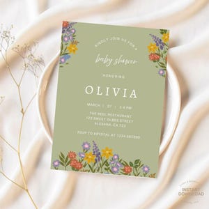 Modern Sage Green Baby Shower Invitation, Floral Minimalist Baby Shower Invitation, Gender Neutral Baby Shower, Boho Wildflower Baby Shower