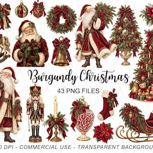 Vinröd jul Clipart-paket, vintage jultomte PNG, traditionell jul akvarellgrafik, djupröd semester PNG