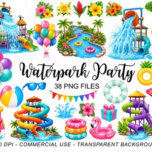 Puede incluir: Una colección de ilustraciones digitales con elementos de parque acuático que incluyen toboganes coloridos, piscinas, flores tropicales, globos, anillos inflables, una pelota de playa, gafas de sol, banderines y un regalo con el texto Waterpark Party 38 PNG FILES.