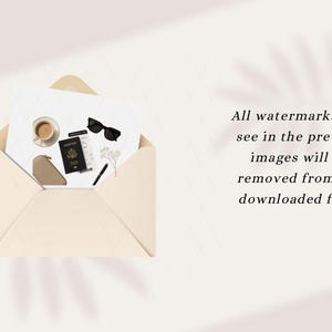 May include: An open cream-colored envelope reveals travel essentials: a passport, sunglasses, a small purse, a cup of coffee, and a pen. The text reads: "All watermarks you see in the preview images will be removed from the downloaded files."