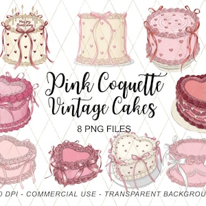 Coquette Vintage Cake PNG Clipart Bundle - Pink Heart Cakes with Bows & Cherries, Retro Bakery Aesthetic, Soft Girl Pastel Digital Graphics