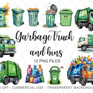 May include: Watercolor illustrations of garbage trucks and bins. The image includes various green trash cans, some with lids open and overflowing with trash. Several green and orange garbage trucks are also depicted. The text "Garbage Truck and bins" is displayed.