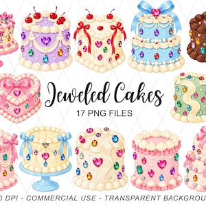 Könnte beinhalten: Eine Sammlung digitaler Illustrationen verschiedener Kuchen, die mit bunten künstlichen Edelsteinen, Schleifen und Zuckerguss verziert sind. Der Text lautet Jeweled Cakes, 17 PNG FILES, 300 DPI - COMMERCIAL USE - TRANSPARENT BACKGROUND.