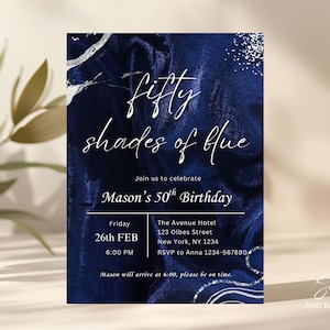 Shades of Blue Birthday Invitation, Adult Shades of Blue Invitation, Navy Blue Birthday Invite, Blue & Gold Birthday Party Invite Template