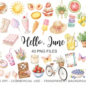 Puede incluir: Ilustraciones en acuarela de elementos veraniegos, incluyendo comida, flores y accesorios. La imagen presenta una cesta de picnic, una bicicleta con cesta y el texto "Hello, June".