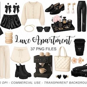 Luxe Apartment Clipart PNG, Quiet Luxury Aesthetic Graphics, Fashion Girl Planner Stickers, Clean Girl Wardrobe, Coffee Car Clipart, Commercial Use, 37 Pieces