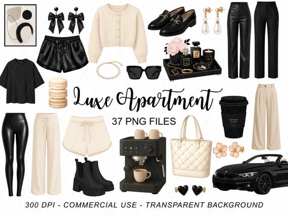 Luxe Apartment Life Clipart Bundle PNG, Neutral Fashion Aesthetic Clip Art, Old Money Chic Graphics, Coquette Luxury Lifestyle PNG Set
