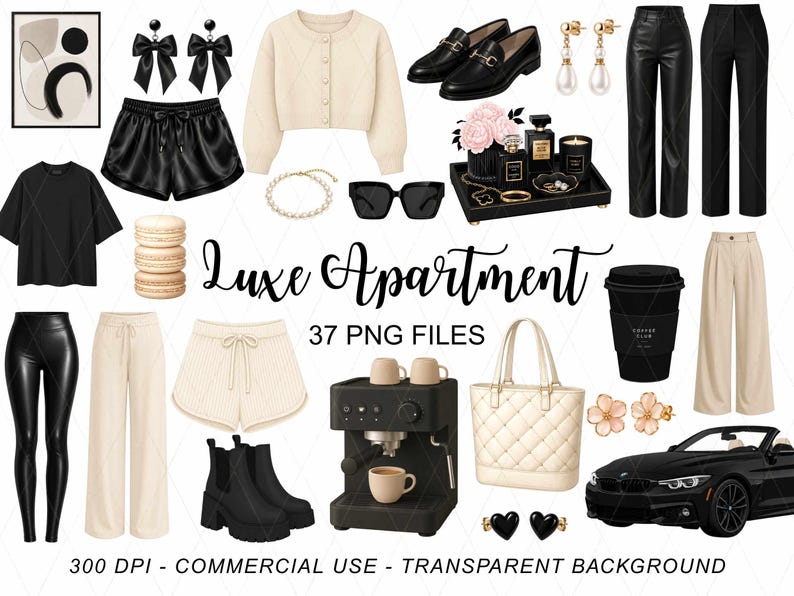 Luxe Apartment Clipart PNG, Quiet Luxury Aesthetic Graphics, Fashion Girl Planner Stickers, Clean Girl Wardrobe, Coffee Car Clipart, Commercial Use, 37 Pieces