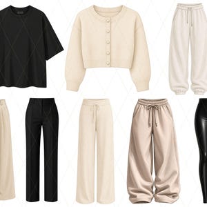 May include: A collection of women's clothing items, including a black short-sleeve top with a diamond pattern, a cream-colored cardigan, and various styles of pants. The pants range from wide-leg to fitted, in colors like black, cream, and tan.